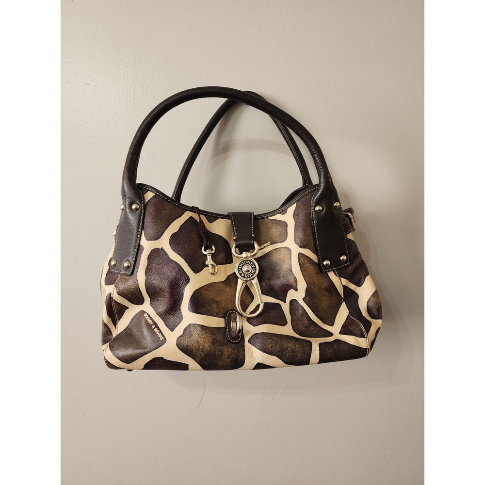 Dooney & Bourke Giraffe Print Coated Canvas Leather Trim Hobo Bag Brown Cream